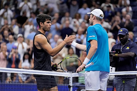 US Open 2024: Botic van De Zandschulp, right, of the Netherlands, greets Carlos Alcaraz, of Spain